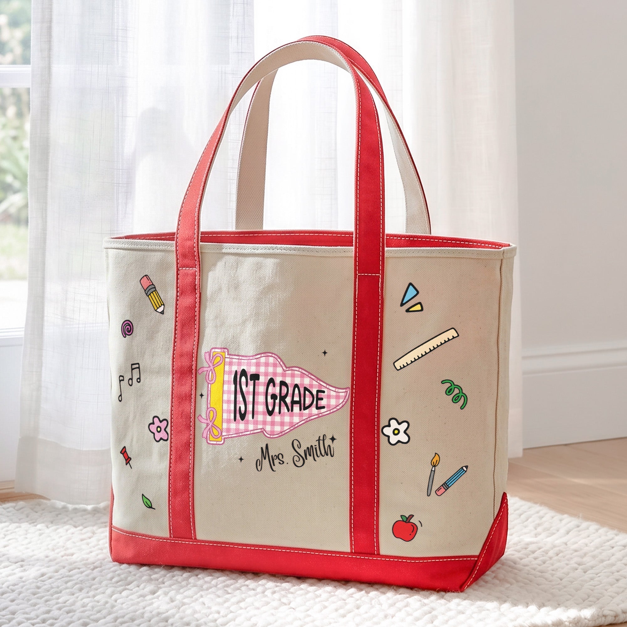 Personalized Embroidery Tote Bag with School Doodles for Teachers and Students