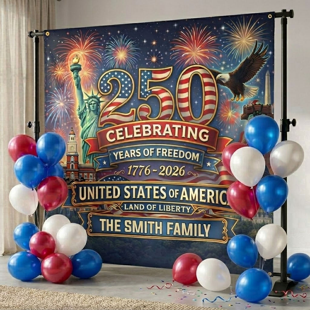 Personalized USA 250 Years Freedom Backdrop for Patriotic Family