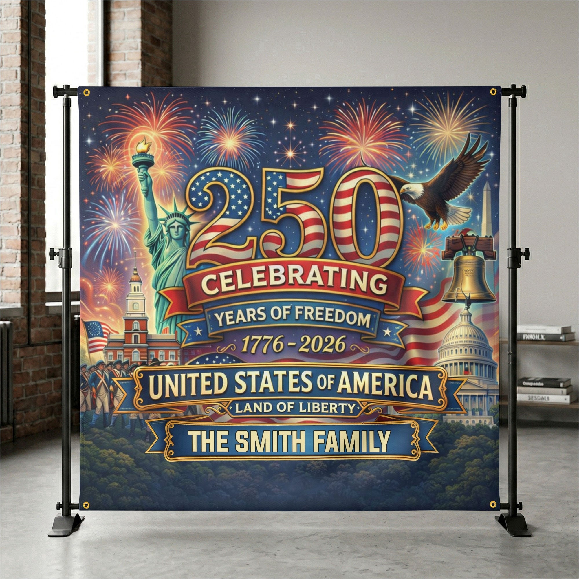 Personalized USA 250 Years Freedom Backdrop for Patriotic Family