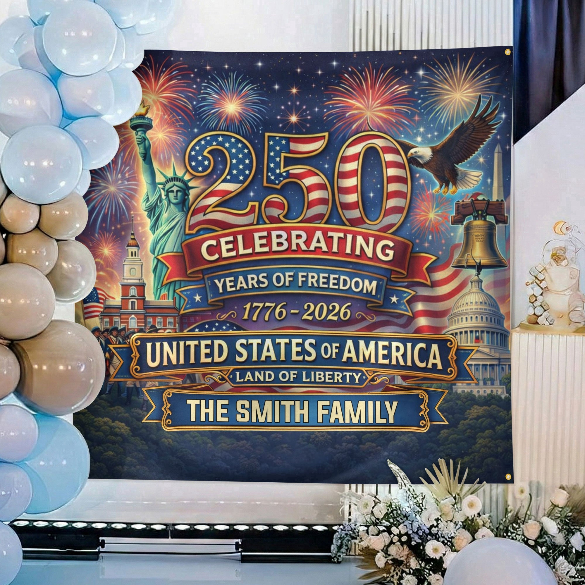 Personalized USA 250 Years Freedom Backdrop for Patriotic Family