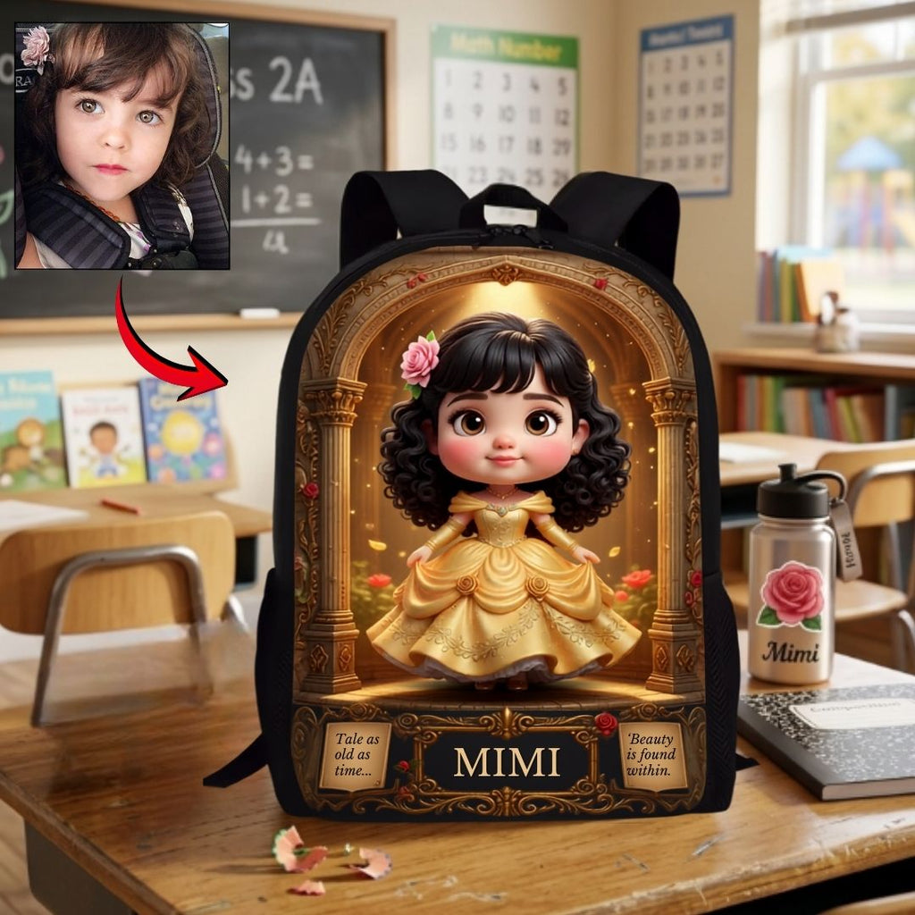 Personalized Princess Avatar Backpack Set for Girls - Custom Name, Lunch Bag & Water Bottle School Bag+ GradoCreations