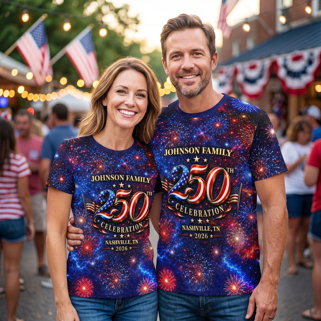 Personalized 250th Celebration AOP T-Shirt for Family | Patriotic Gift
