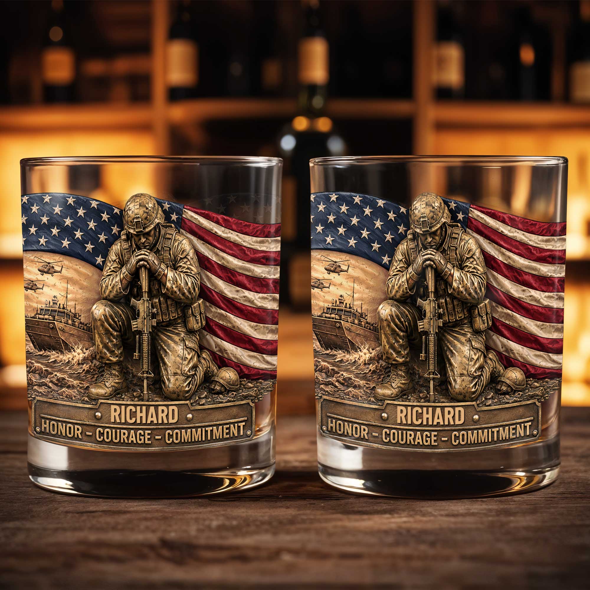 Personalized Custom Whiskey Glass with American Flag Gift for Dad Whiskey Glass GradoCreations