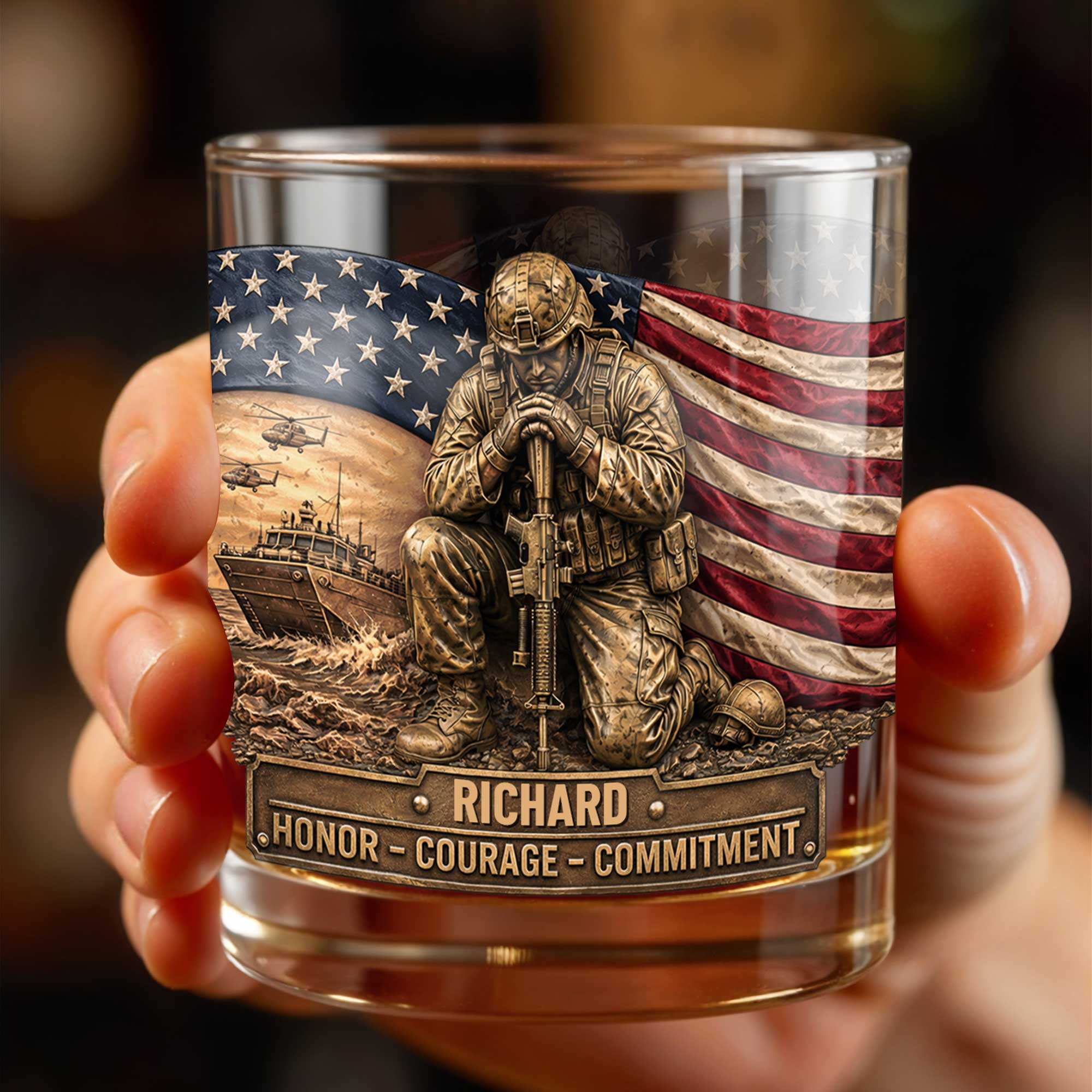 Personalized Custom Whiskey Glass with American Flag Gift for Dad Whiskey Glass GradoCreations