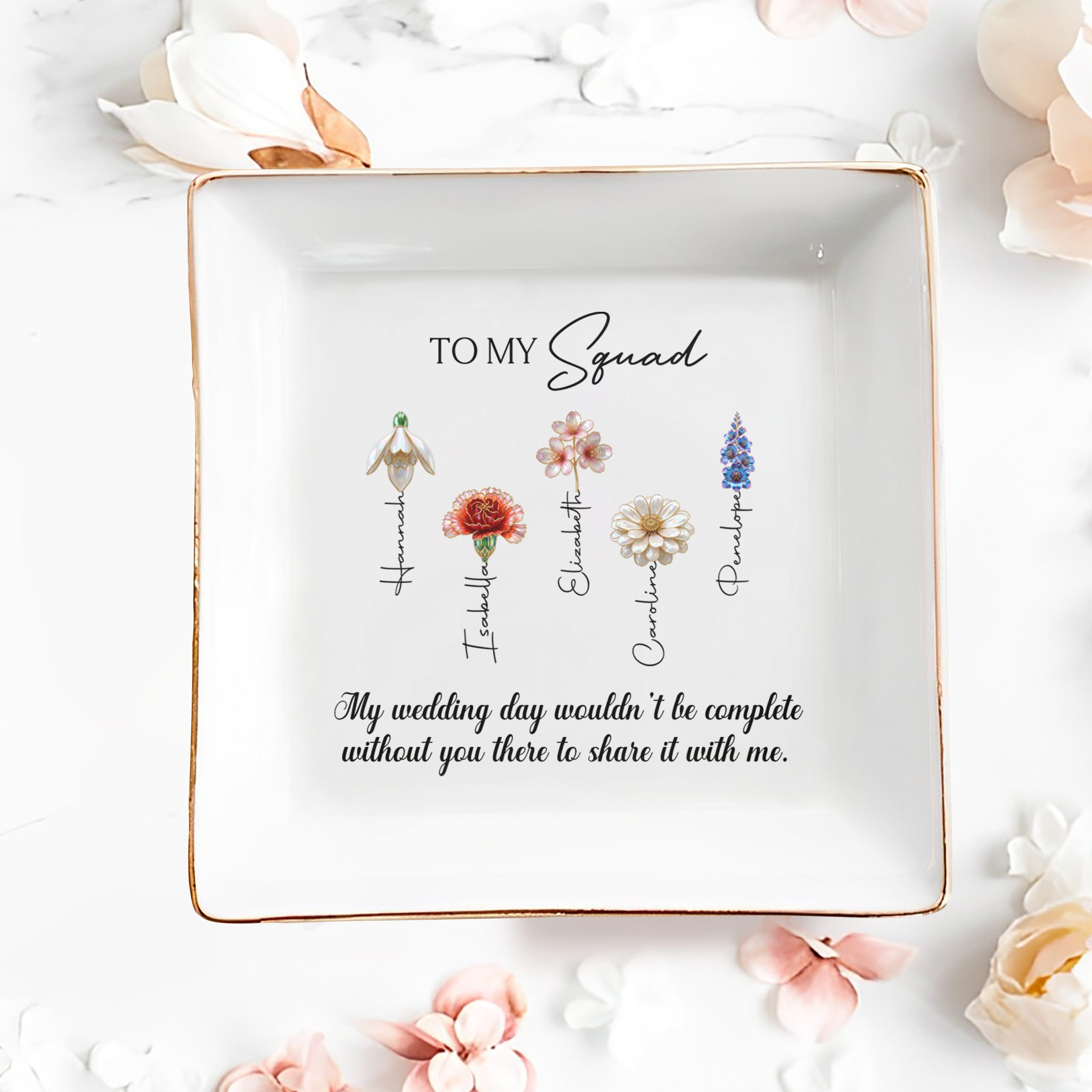 Personalized Ceramic Jewelry Dish with Birth Month Flowers Gift for Bridesmaids Jewelry Dish GradoCreations