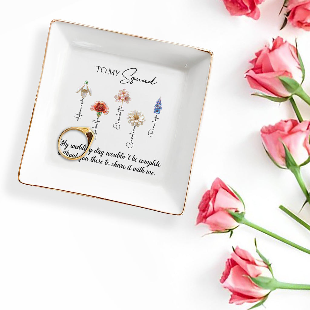 Personalized Ceramic Jewelry Dish with Birth Month Flowers Gift for Bridesmaids Jewelry Dish GradoCreations