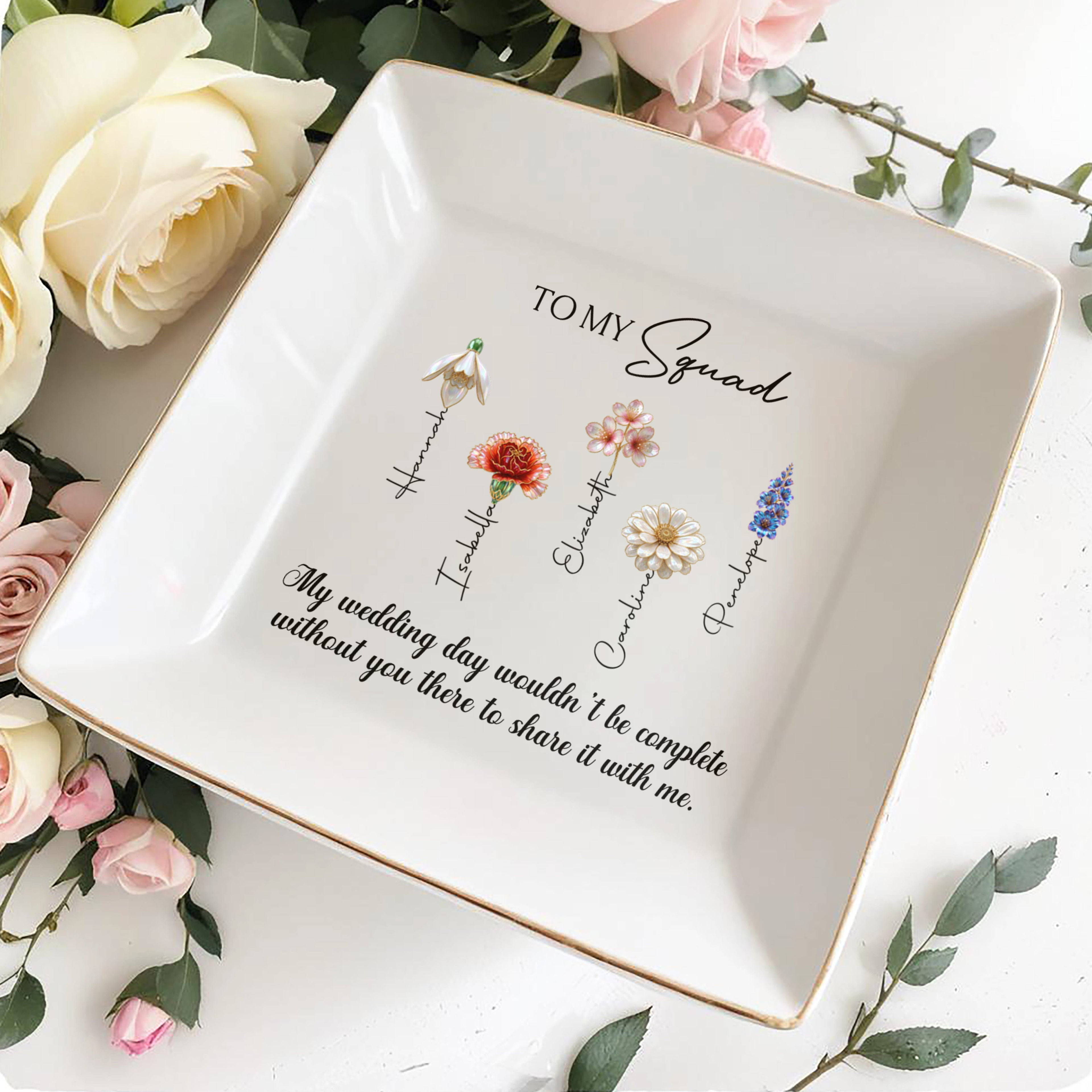 Personalized Ceramic Jewelry Dish with Birth Month Flowers Gift for Bridesmaids Jewelry Dish GradoCreations