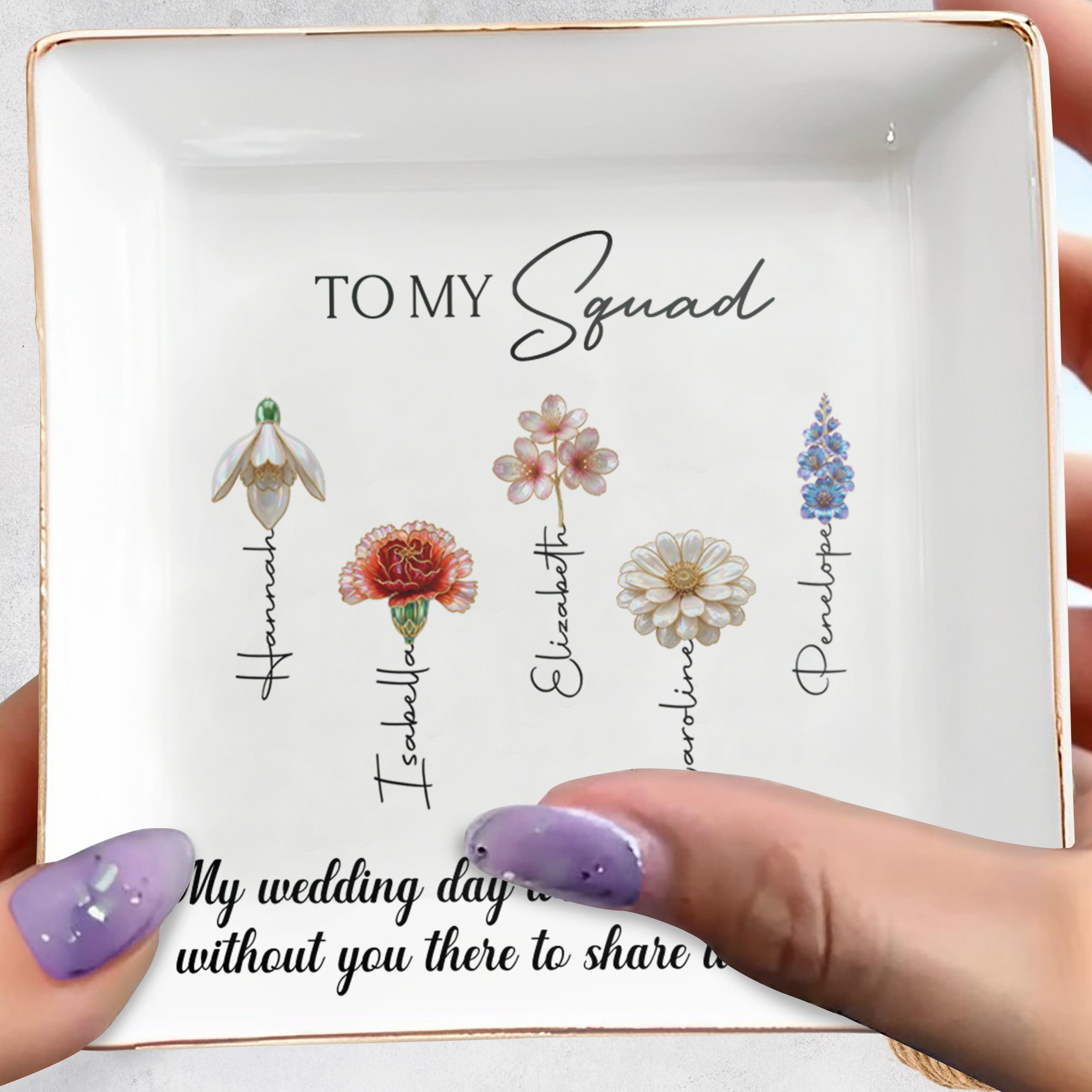 Personalized Ceramic Jewelry Dish with Birth Month Flowers Gift for Bridesmaids Jewelry Dish GradoCreations