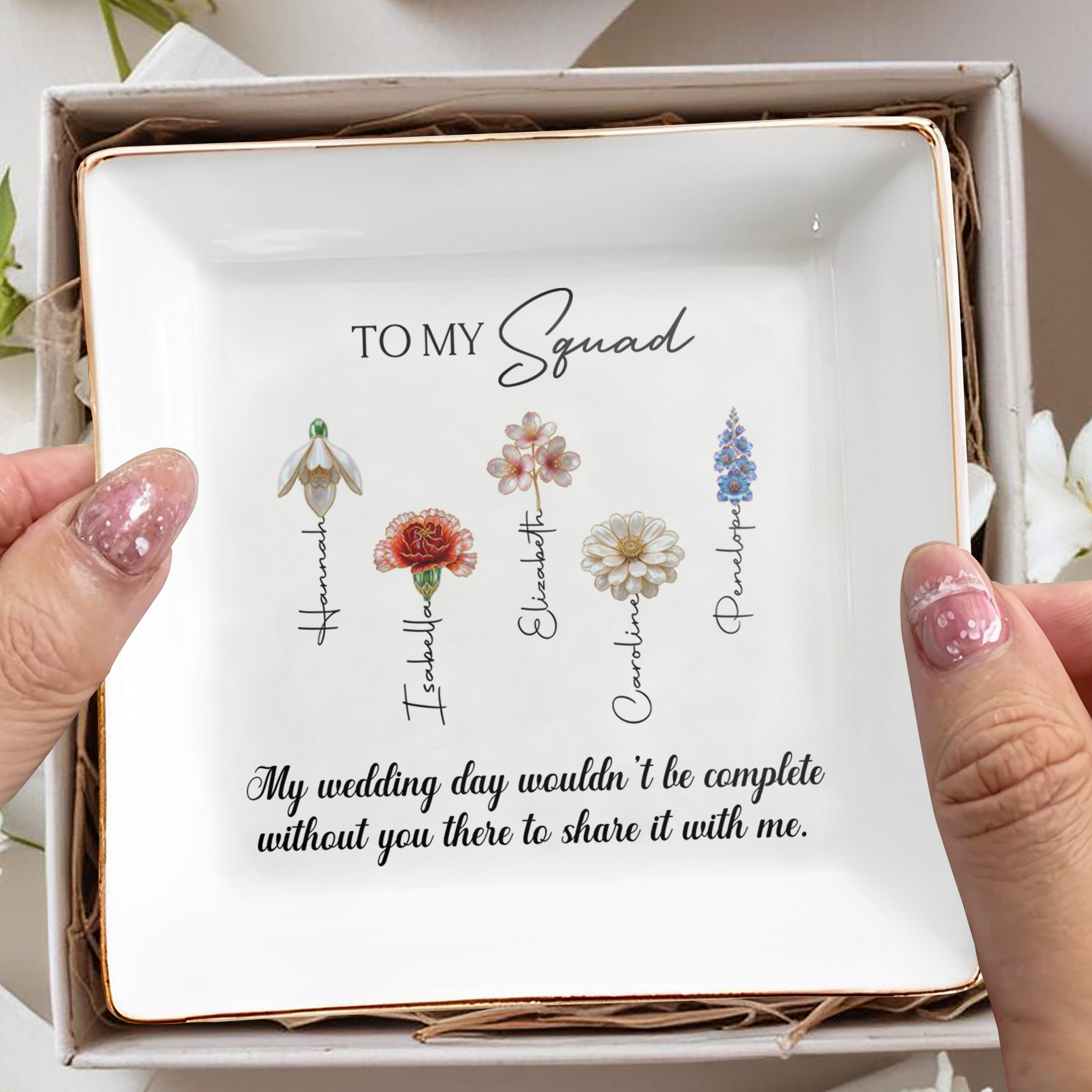 Personalized Ceramic Jewelry Dish with Birth Month Flowers Gift for Bridesmaids Jewelry Dish GradoCreations