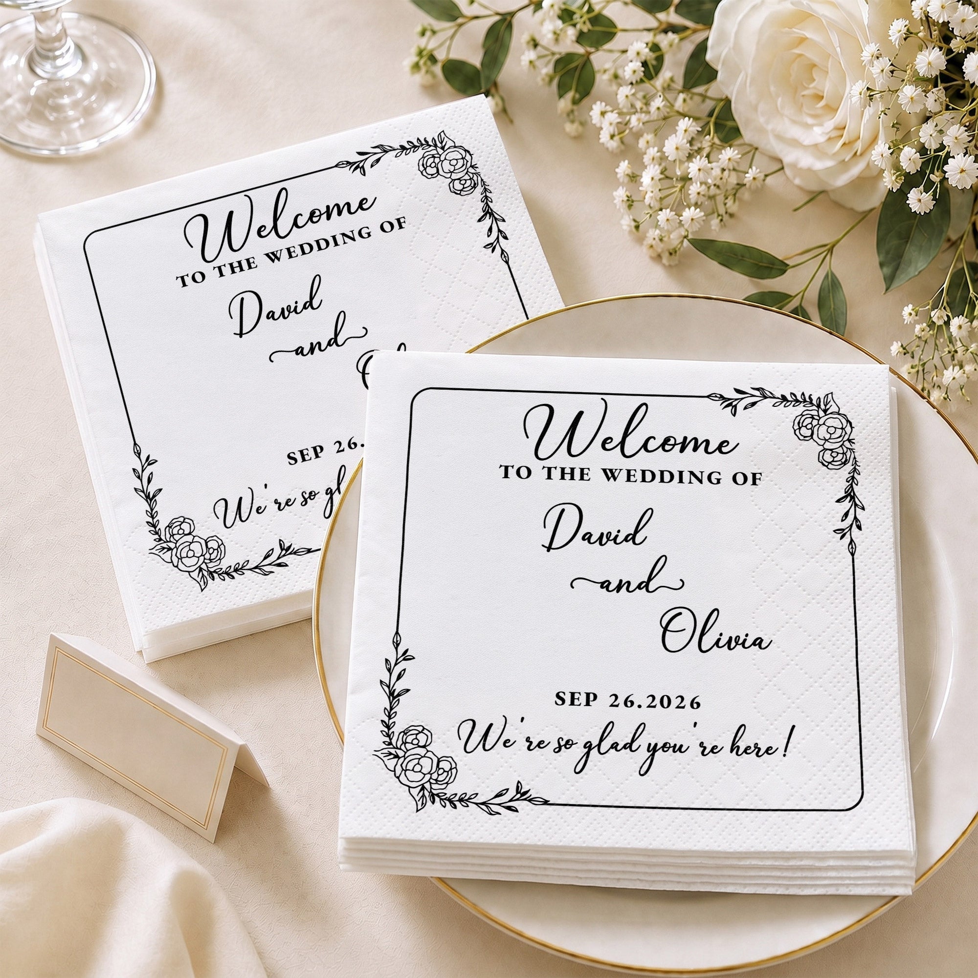 Personalized Floral Cocktail Napkins Custom Wedding Name Gift Cocktail Napkins GradoCreations