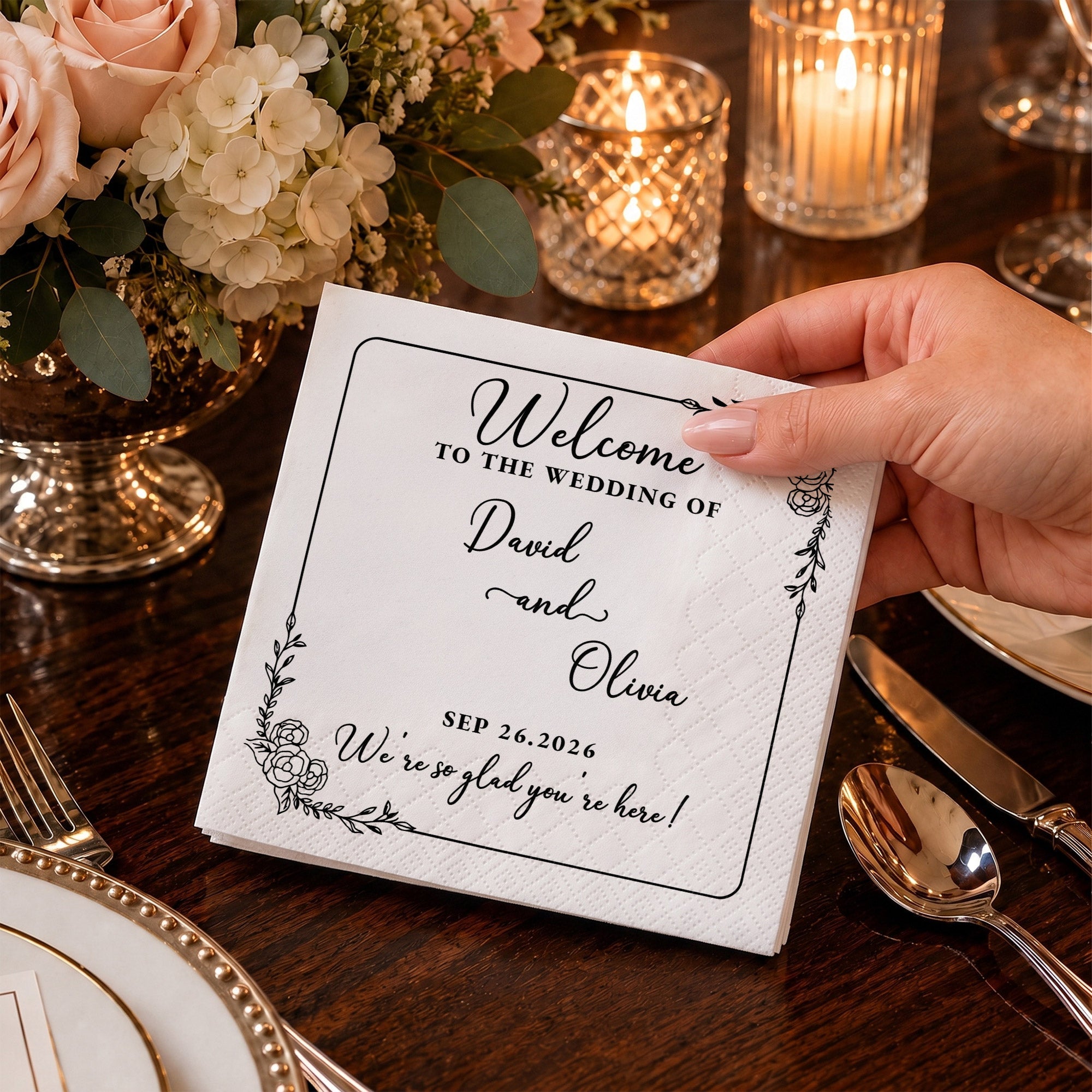 Personalized Floral Cocktail Napkins Custom Wedding Name Gift Cocktail Napkins GradoCreations