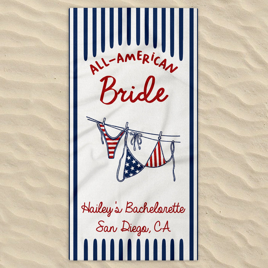 Personalized All-American Bride Beach Towel with USA Flag Gift for Bachelorette Beach Towels GradoCreations