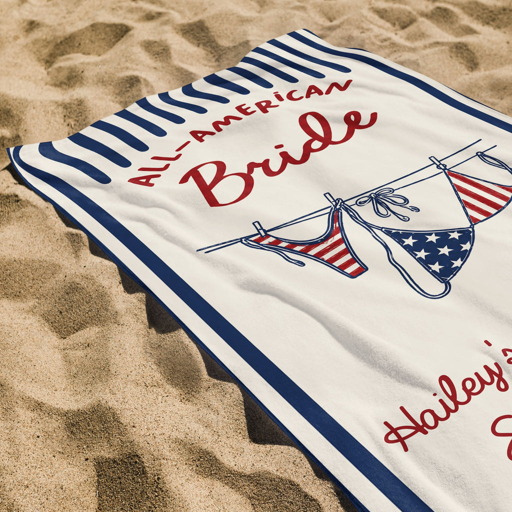 Personalized All-American Bride Beach Towel with USA Flag Gift for Bachelorette Beach Towels GradoCreations