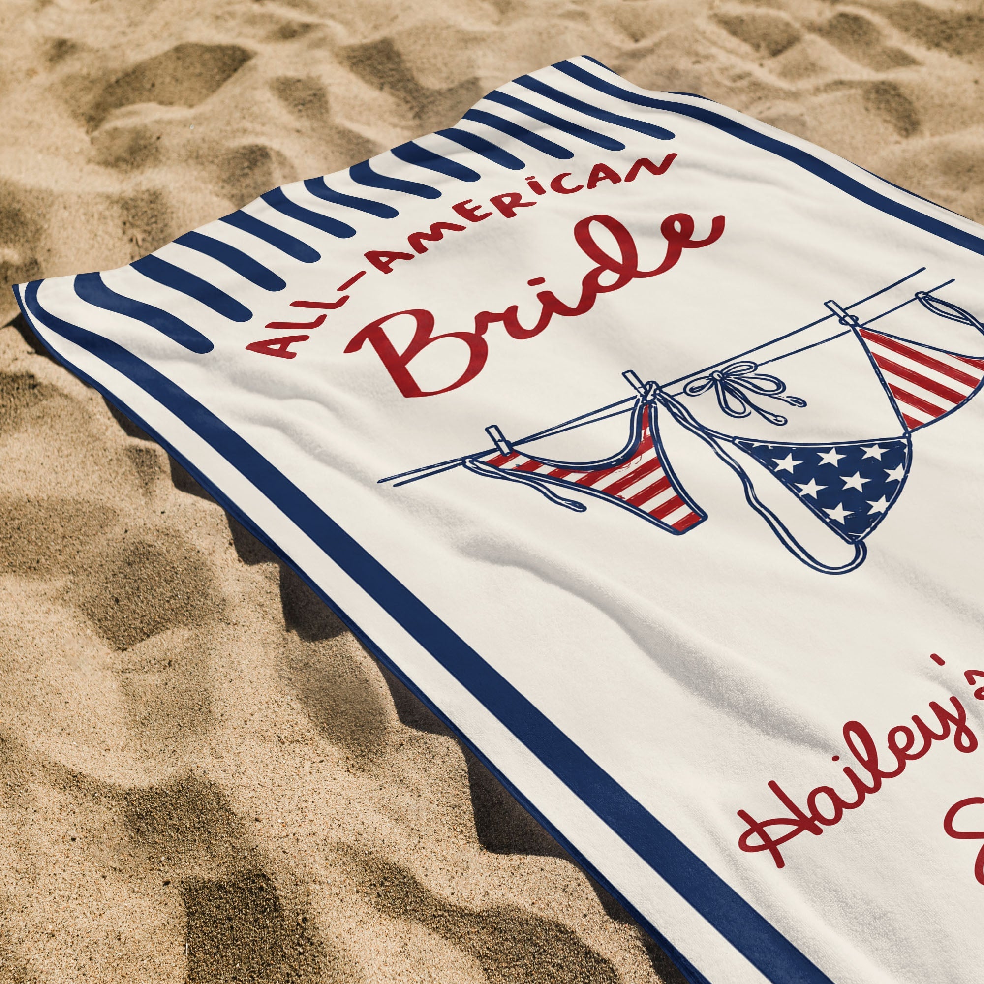 Personalized All-American Bride Beach Towel with USA Flag Gift for Bachelorette Beach Towels GradoCreations