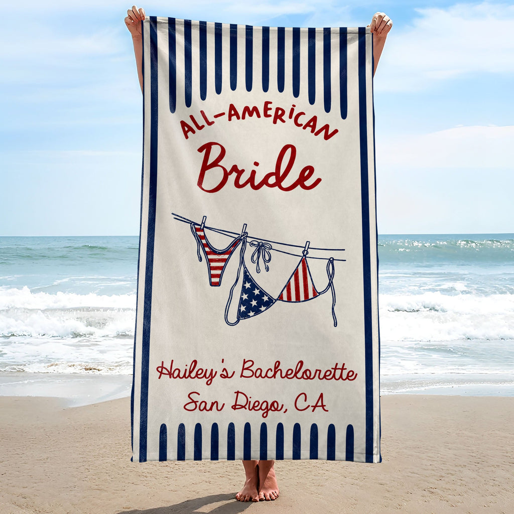 Personalized All-American Bride Beach Towel with USA Flag Gift for Bachelorette Beach Towels GradoCreations