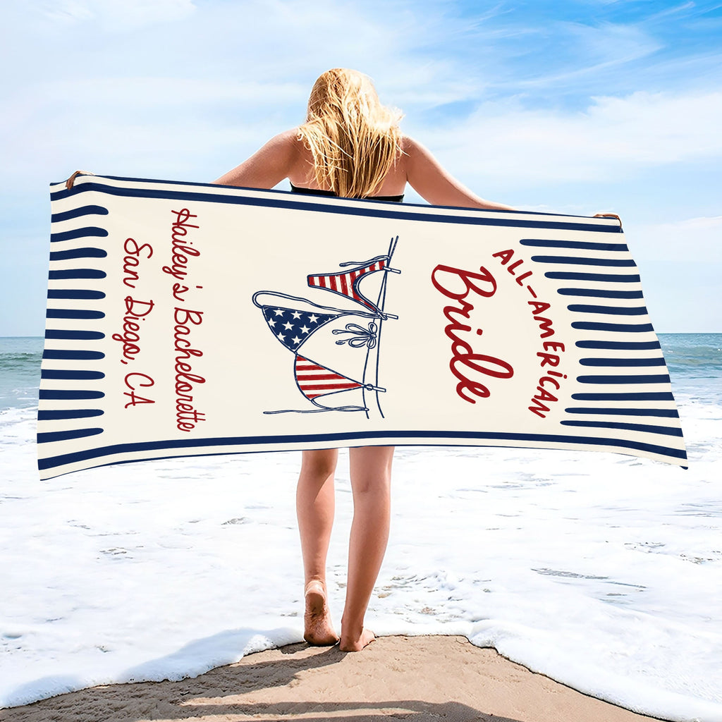 Personalized All-American Bride Beach Towel with USA Flag Gift for Bachelorette Beach Towels GradoCreations