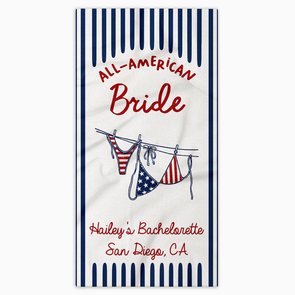 Personalized All-American Bride Beach Towel with USA Flag Gift for Bachelorette Beach Towels GradoCreations