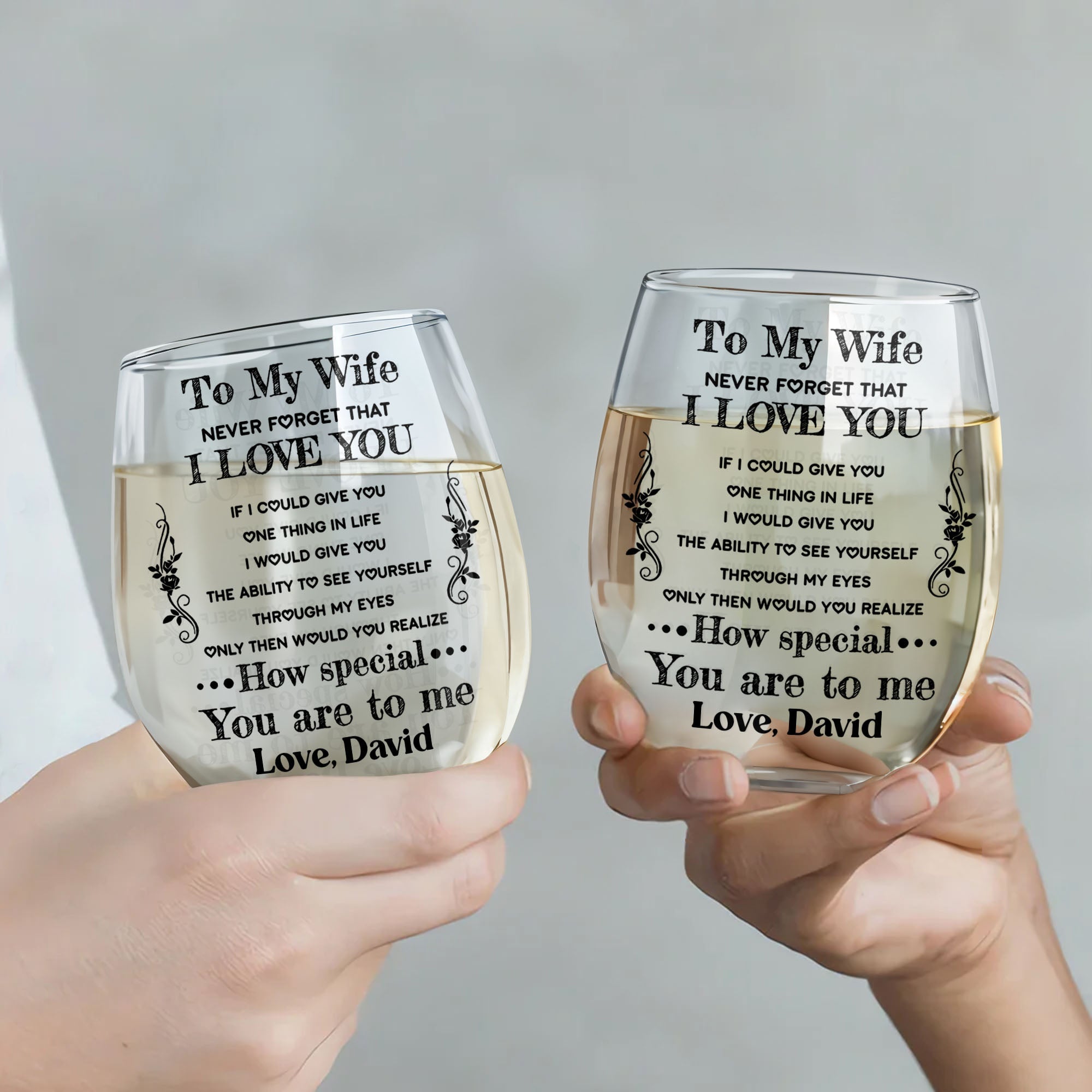 Personalized Stemless Wine Glass Custom Text Gift for Wife Wine Glasses GradoCreations