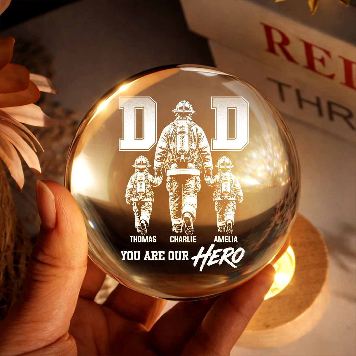 Personalized Firefighter Dad Crystal Globe Lamp Gift for Dad