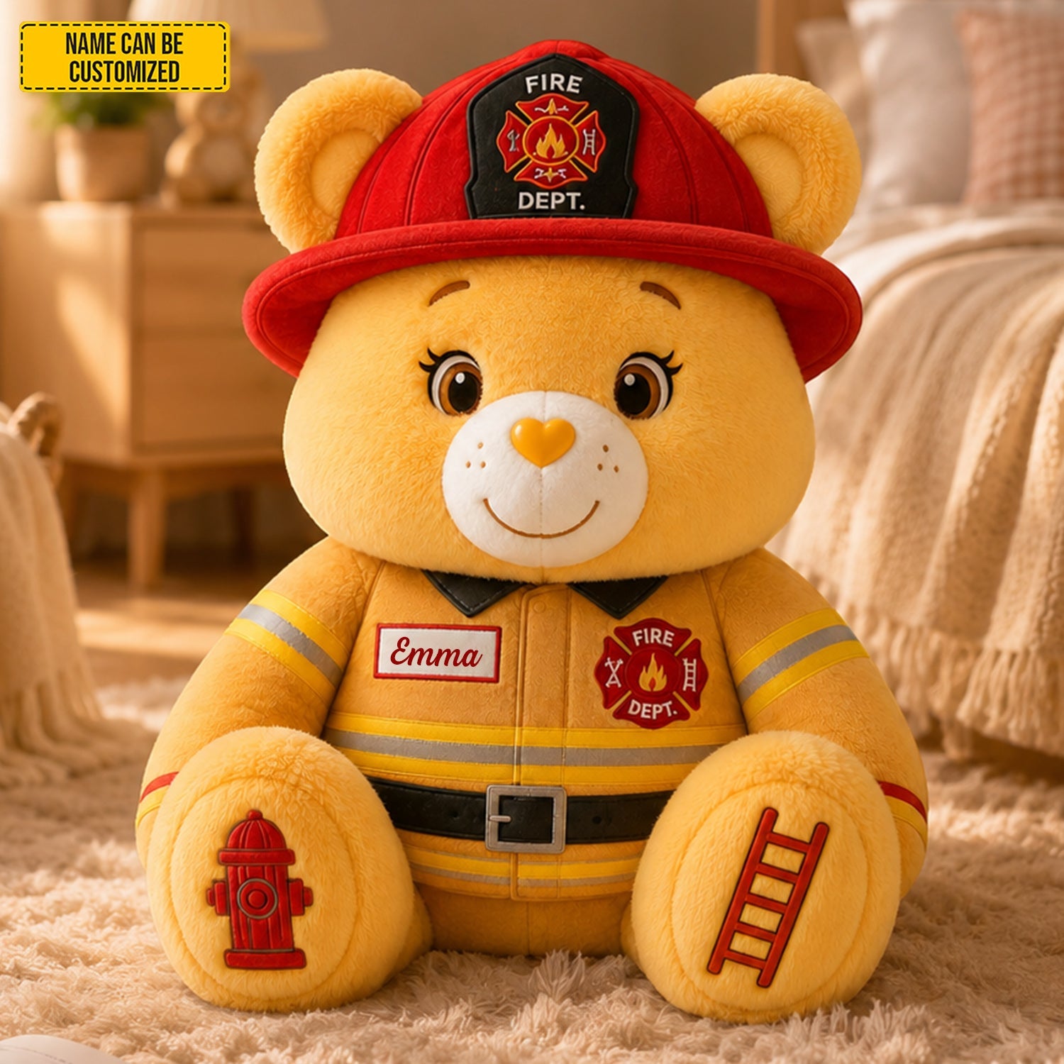 Personalized Firefighter Bear Plush Pillow Custom Name Gift GradoCreations