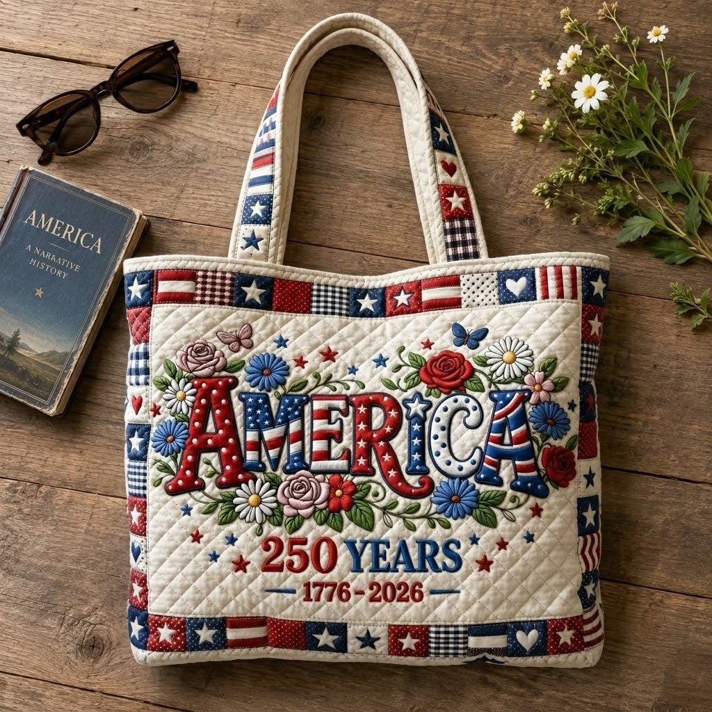 Patriotic Quilted Tote Bag America Floral - Gift for Her