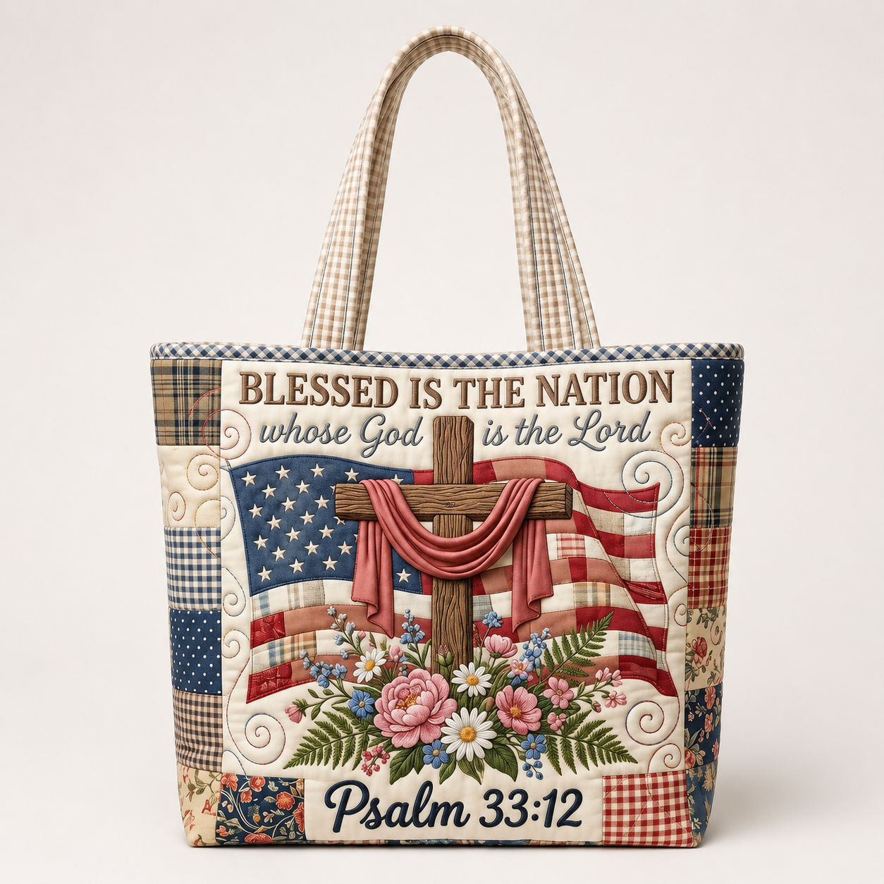 Patriotic Quilted Tote Bag with Psalm 33:12 Gift for Her