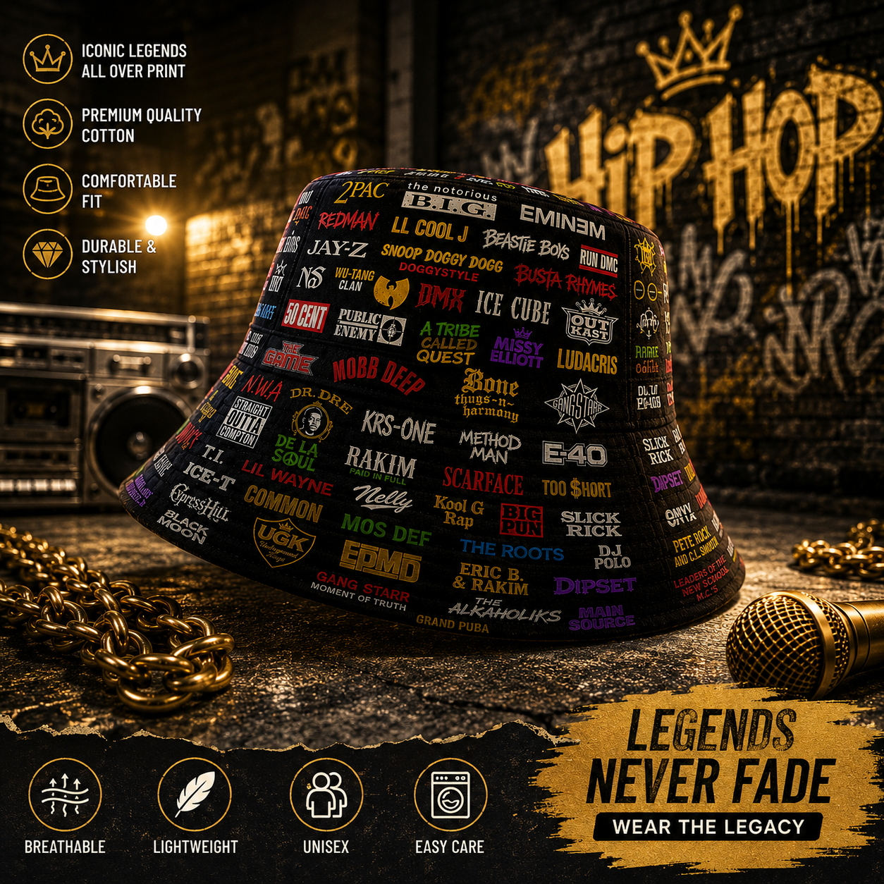 80's & 90's Hip Hop Bucket Hat Unisex Summer Fashion Cap GradoCreations