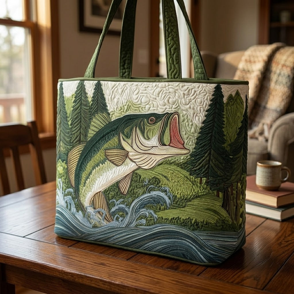 Personalized Quilted Tote Bag with Bass Fish Design - Gift for Fishing Lovers