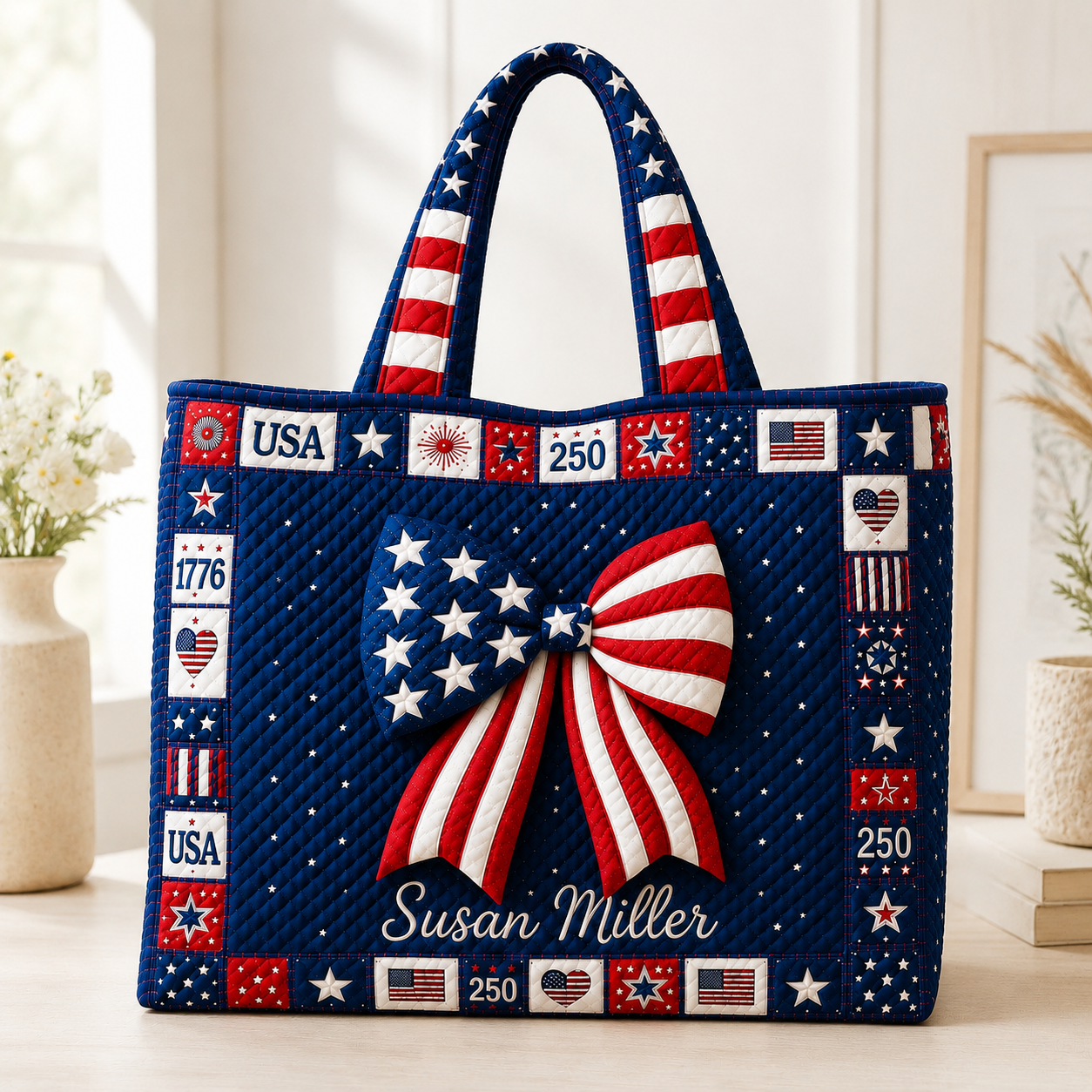 Personalized American Flag Quilted Tote Bag Gift for Her
