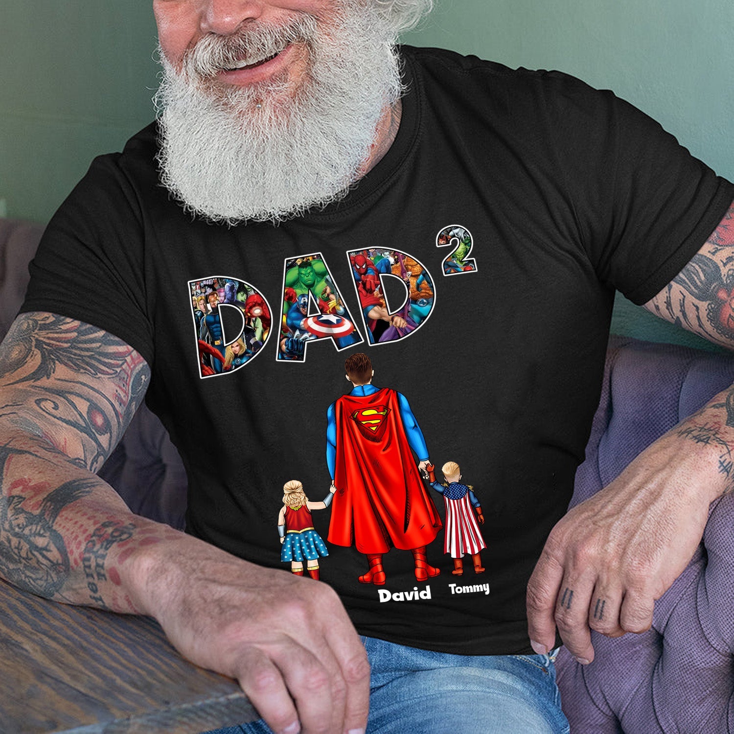 Personalized Superhero Dad T-Shirt Custom Names Gift for Father's Day Cotton Apparel GradoCreations
