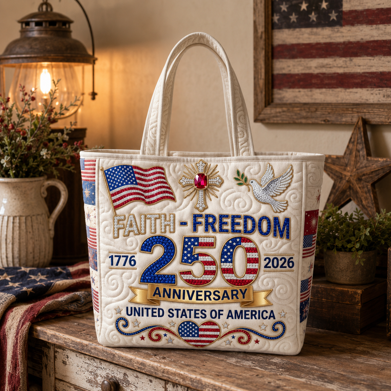 Personalized Patriotic Quilted Tote Bag USA Flag Heart Gift for Her