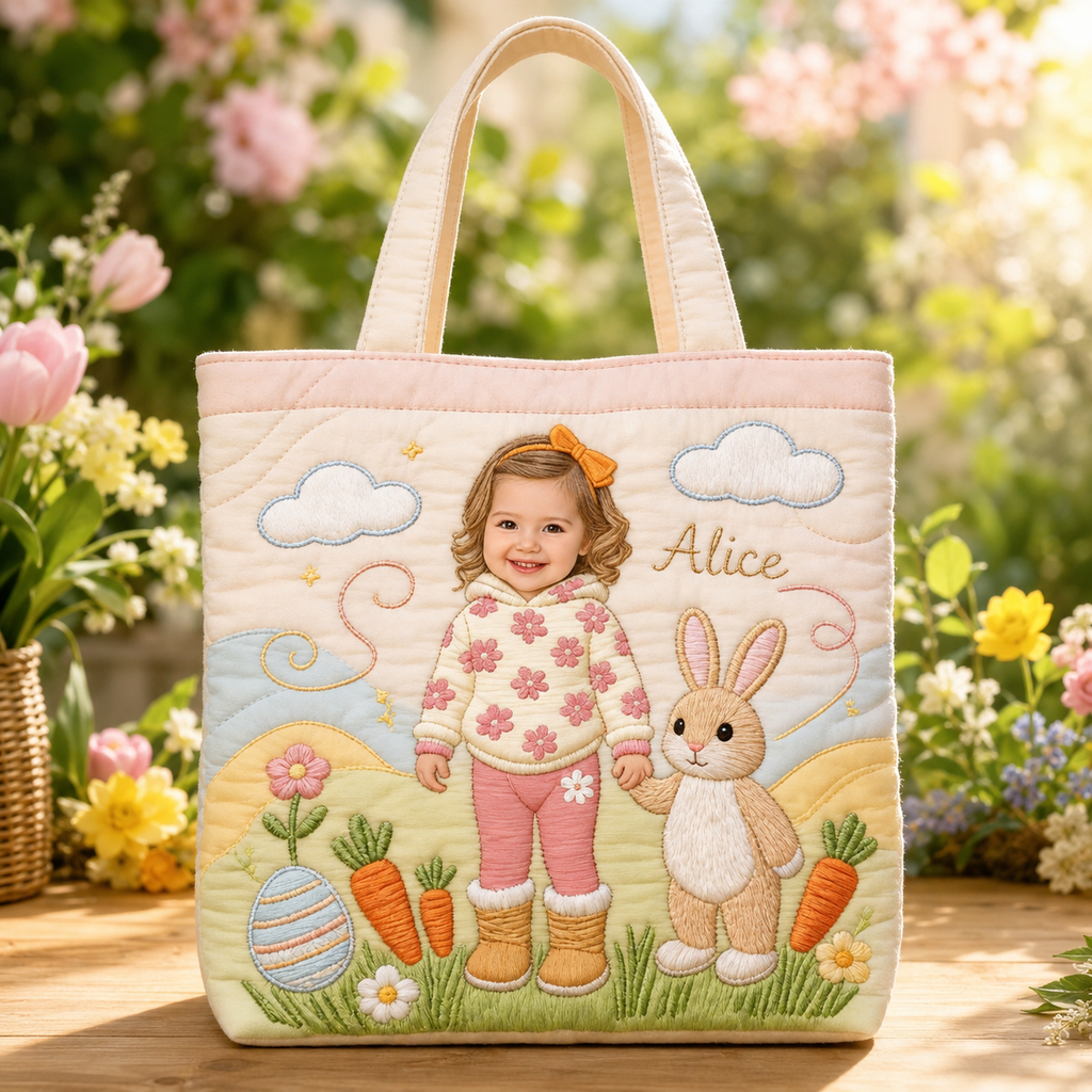 Personalized Quilted Tote Bag with Kid Photo & Easter Bunny Gift for Family