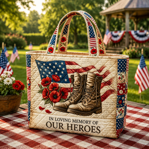 American Flag Memorial Quilted Tote Bag for Veterans Gift Quilted Tote Bag GradoCreations