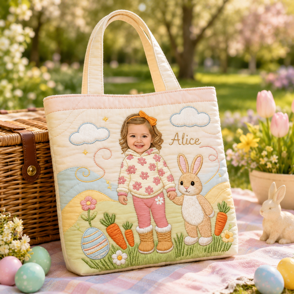 Personalized Quilted Tote Bag with Kid Photo & Easter Bunny Gift for Family