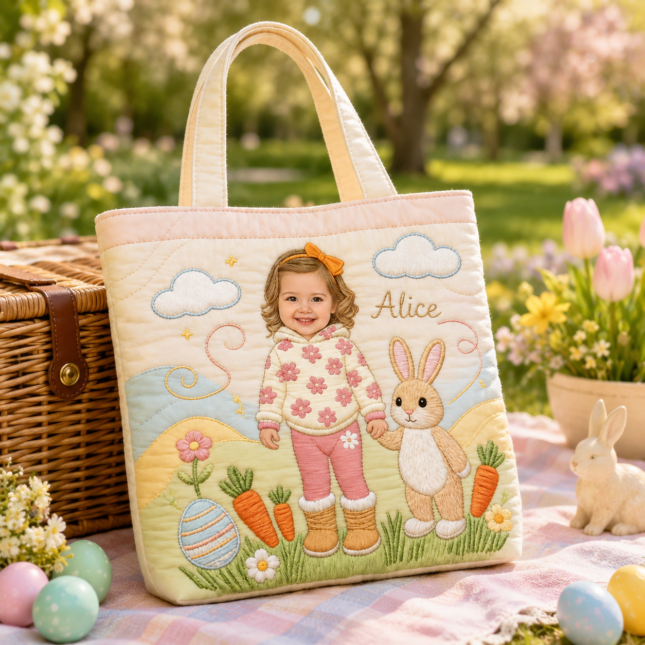Personalized Quilted Tote Bag with Kid Photo & Easter Bunny Gift for Family