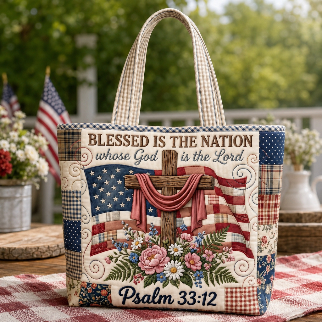 Patriotic Quilted Tote Bag with Psalm 33:12 Gift for Her