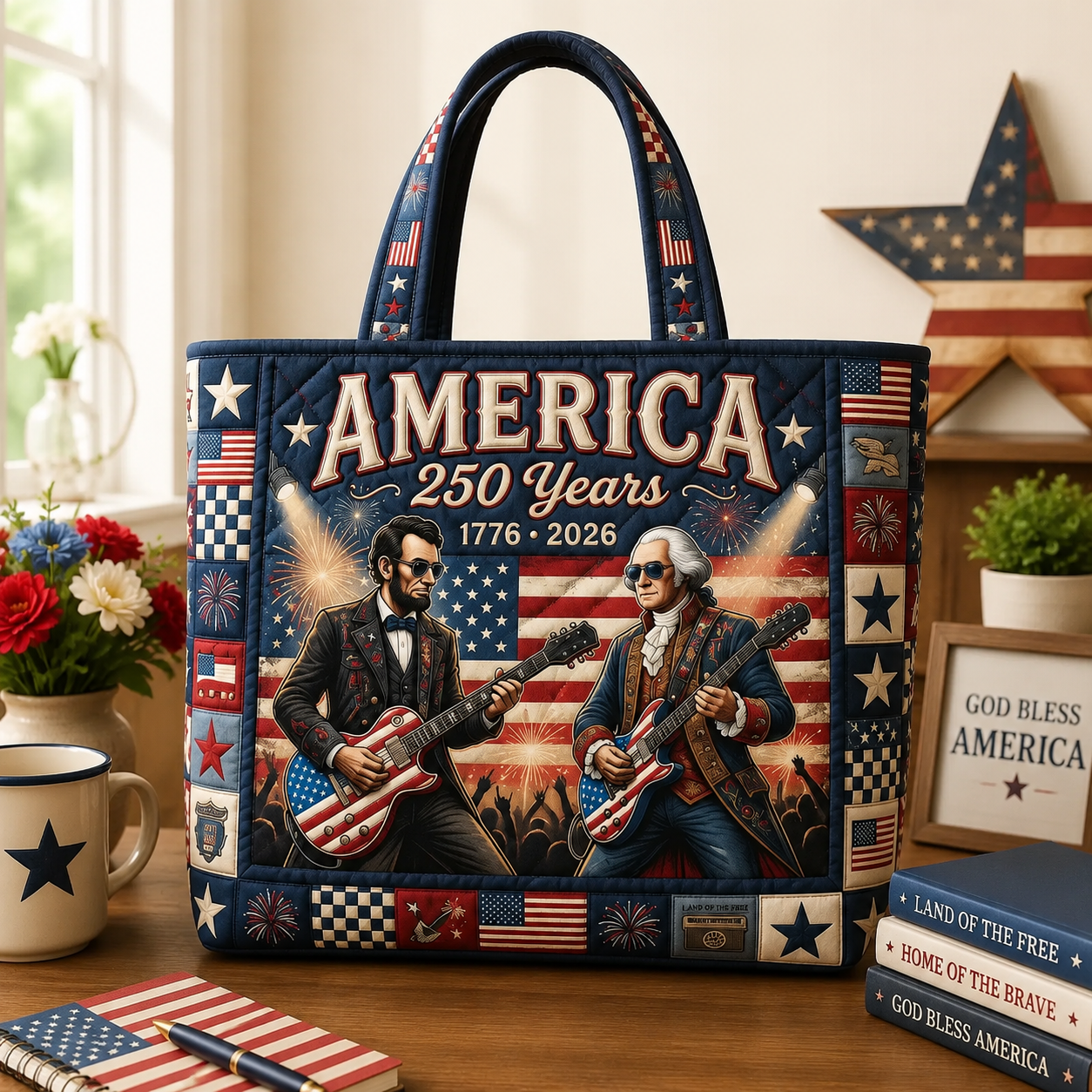 America 250 Years Freedom Guitar Quilted Tote Bag for Patriots