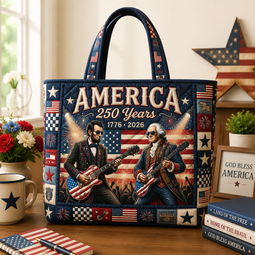 America 250 Years Freedom Guitar Quilted Tote Bag for Patriots Quilted Tote Bag GradoCreations