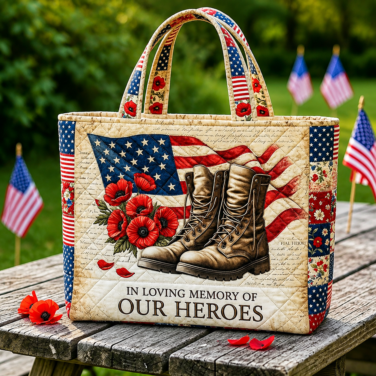 American Flag Memorial Quilted Tote Bag for Veterans Gift