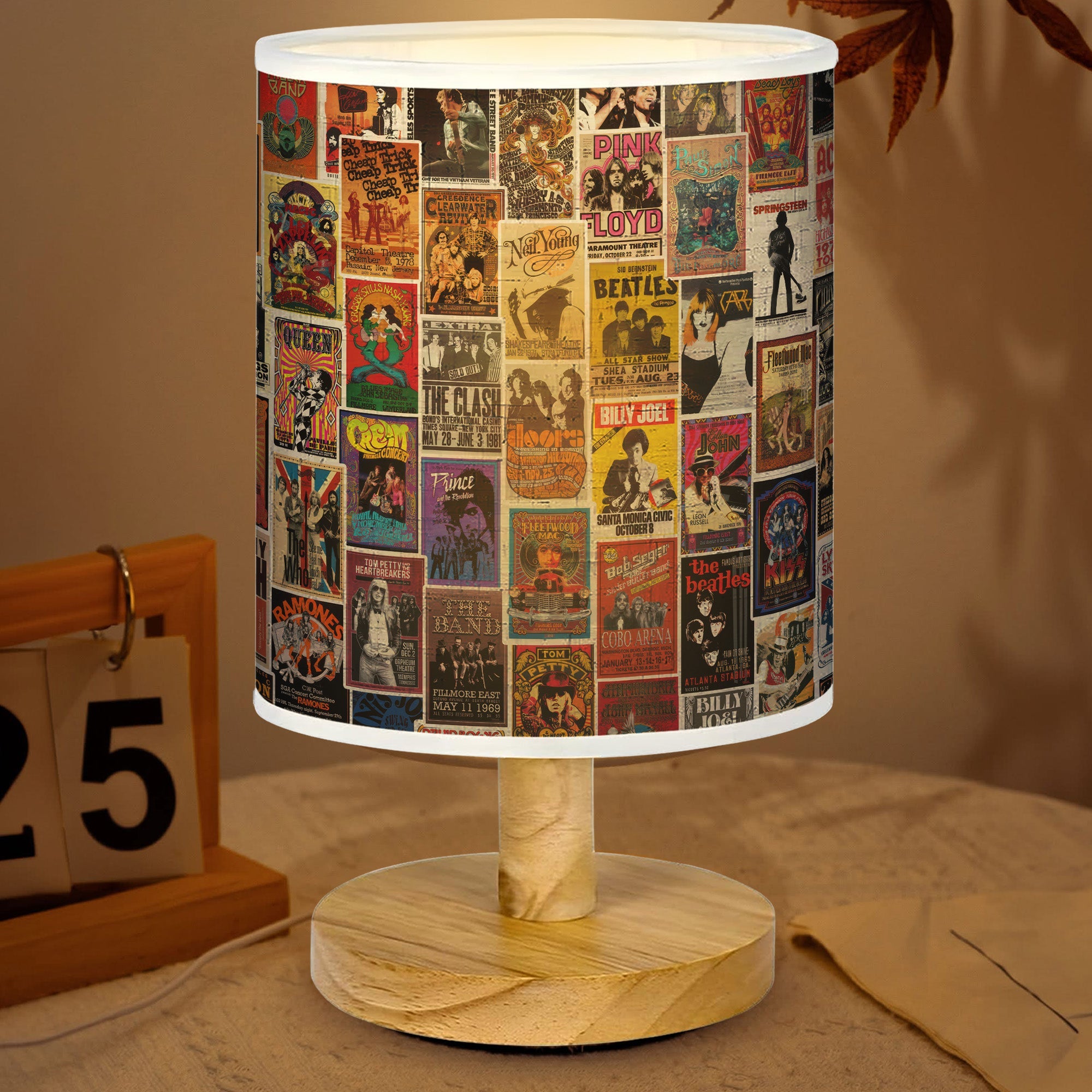 Vintage Rock Fabric Lamp with Wood Base, Unique Decor for Music Lovers GradoCreations