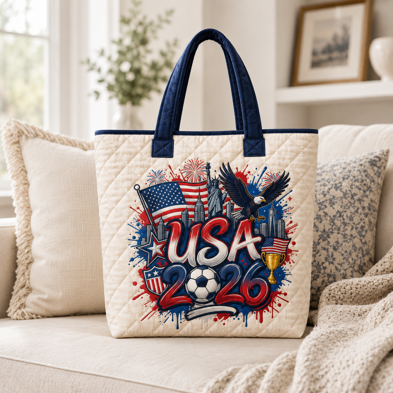 USA 2026 Soccer Cup Quilted Tote Bag - Gift for Football Fans