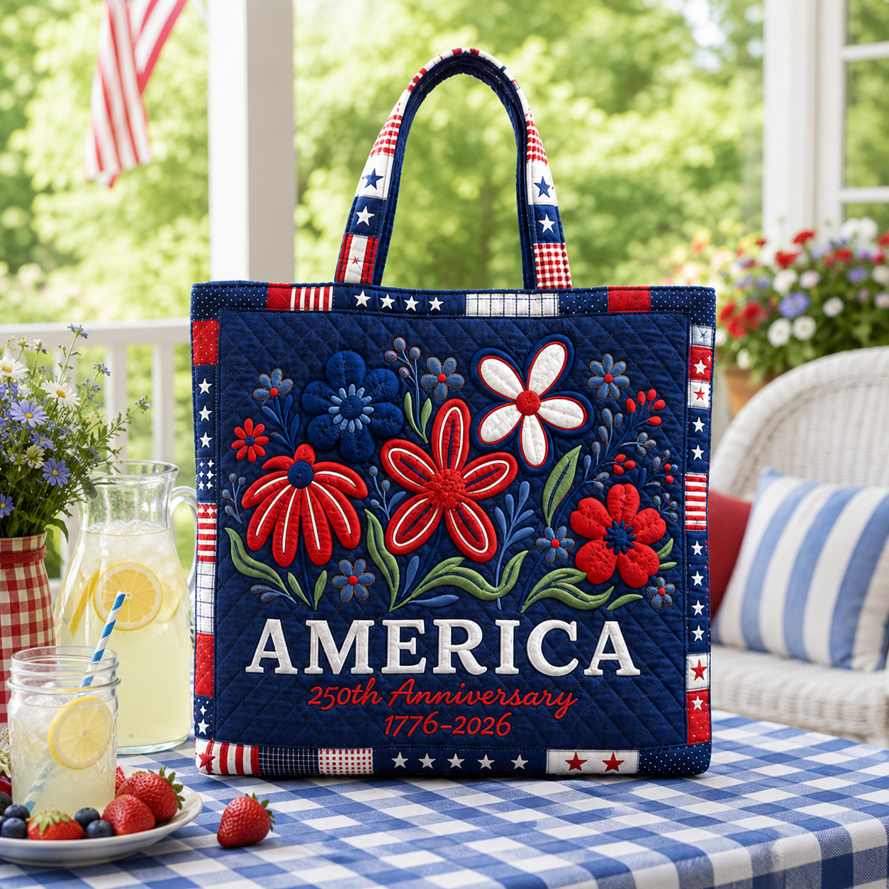Personalized Patriotic Quilted Tote Bag Floral America 250th Anniversary Gift for Her