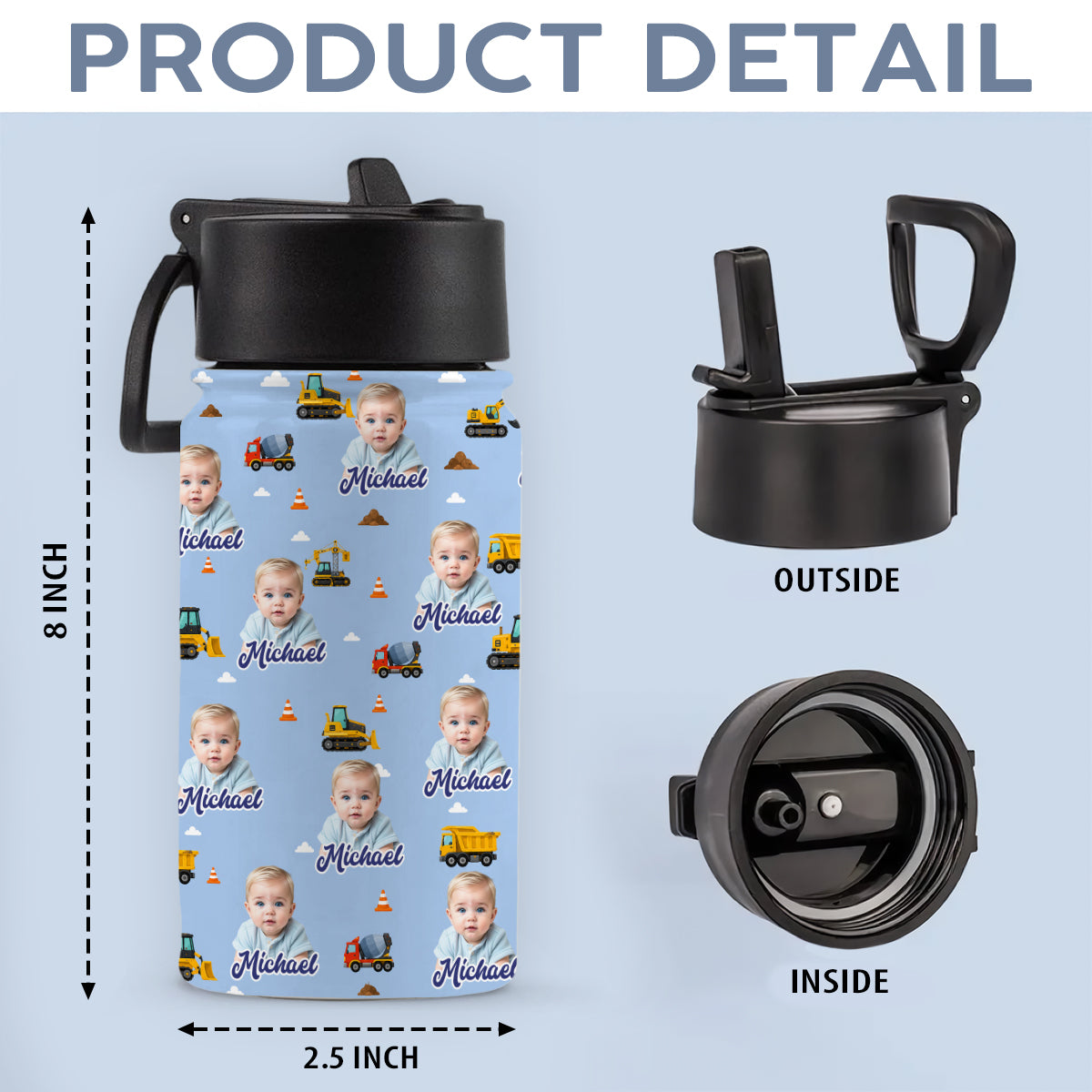 Personalized Kids Water Bottle Custom Photo Back to School Gift HN590 - Kid Water Bottle With Straw GradoCreations