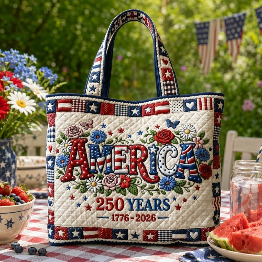 Patriotic Quilted Tote Bag America Floral - Gift for Her