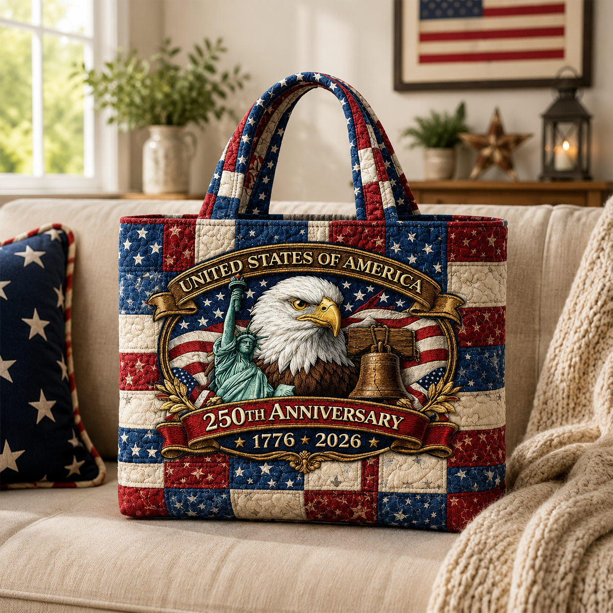 USA 250th Anniversary Quilted Tote Bag for Patriots | Gift Idea