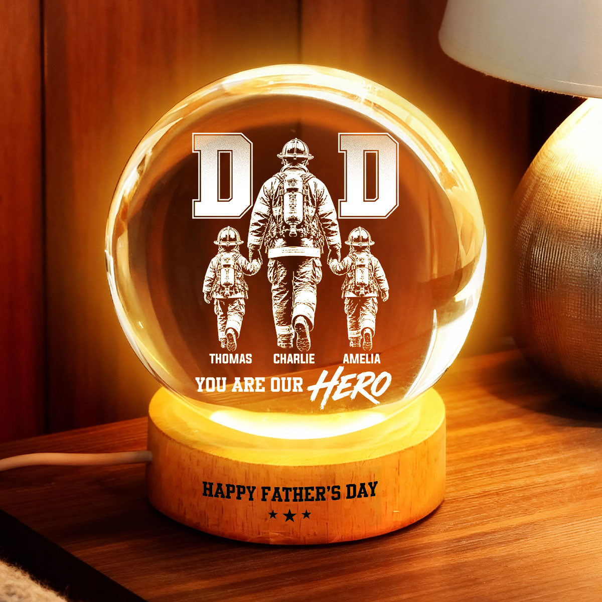 Personalized Firefighter Dad Crystal Globe Lamp Gift for Dad
