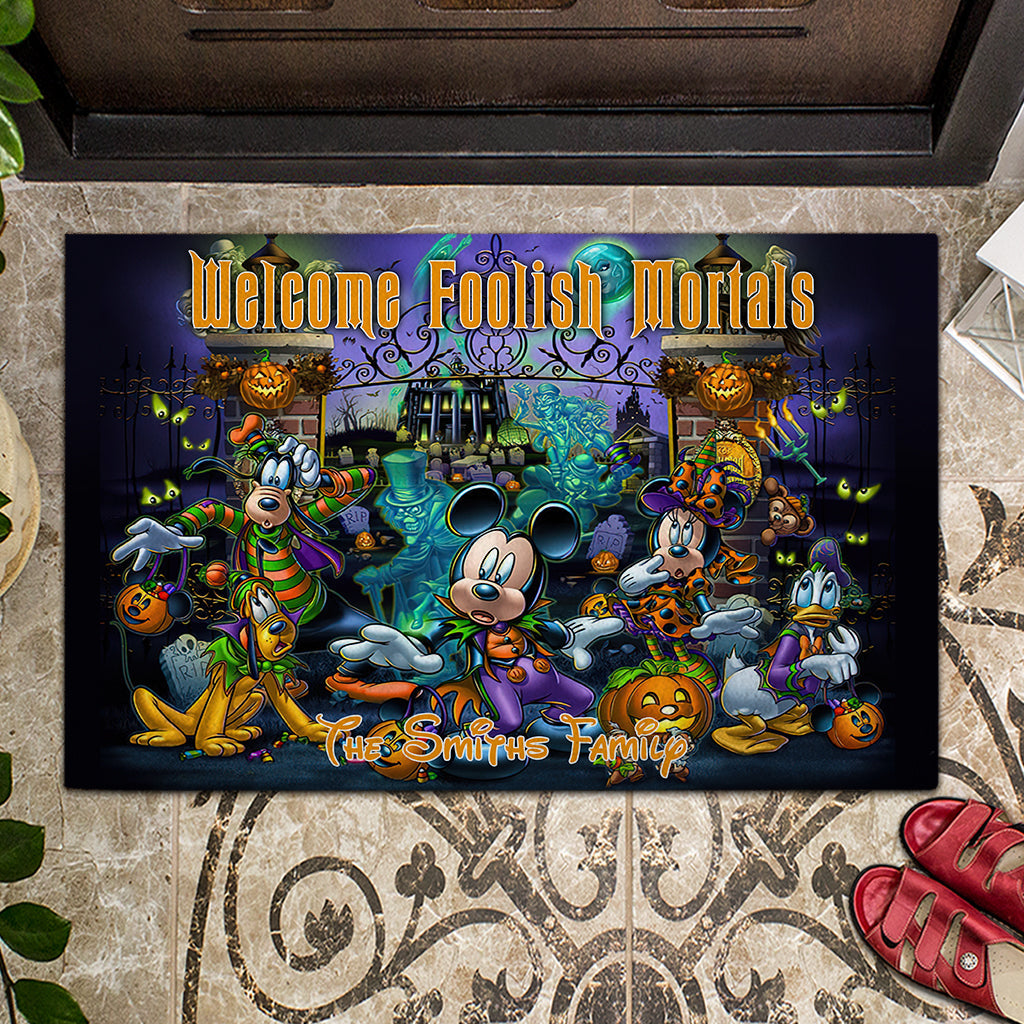Personalized Welcome Foolish Mortals Doormat for Halloween Housewarming Doormat GradoCreations