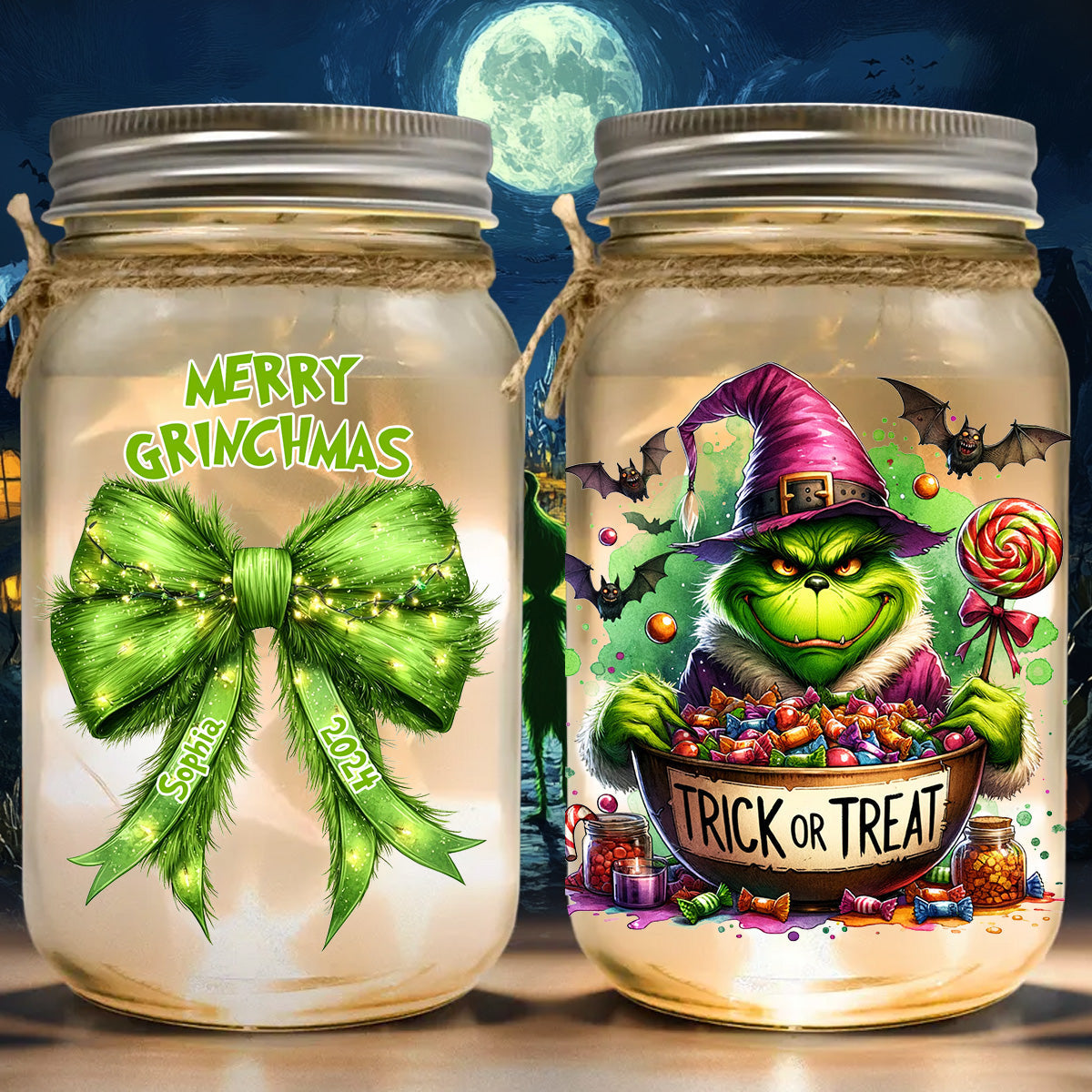Personalized Grinchy Mason Jar Light Christmas Decor Gift Mason Jar Light GradoCreations