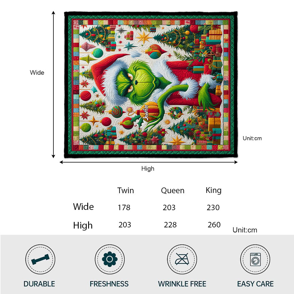 Personalized Grinch Christmas Quilt Custom Name Holiday Decor Quilt GradoCreations