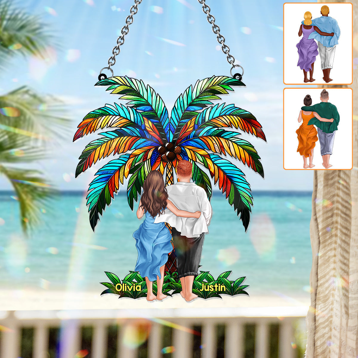 Personalized Couple Suncatcher Ornament Custom Name Gift Under Palm Tree Window Hanging Suncatcher Ornament GradoCreations
